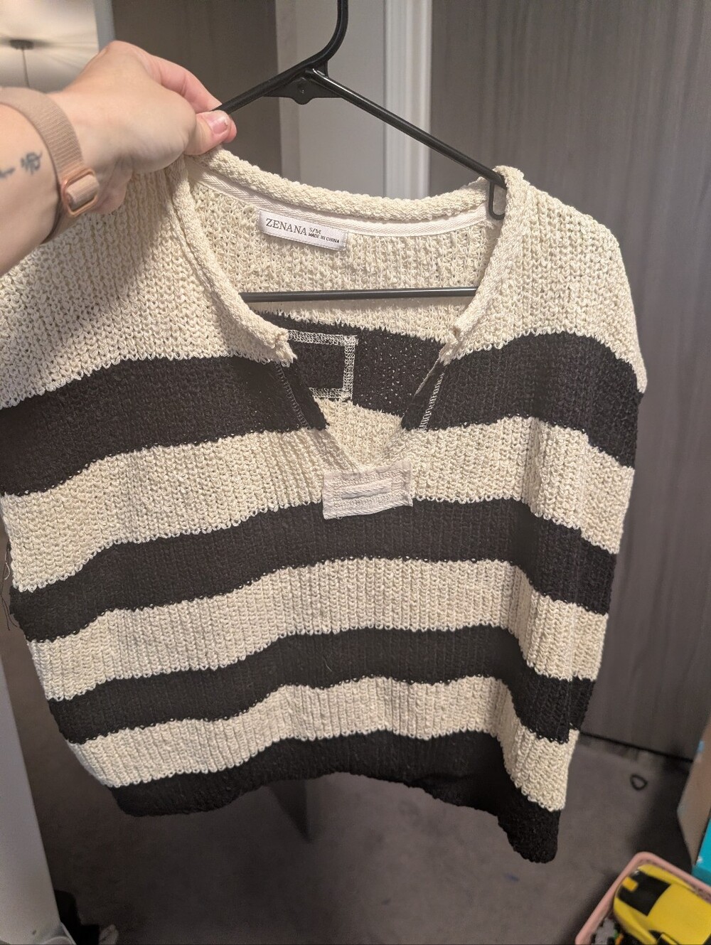 Zenana Outfitters Striped Knit Scoop Neck Sweater - Black & Cream
